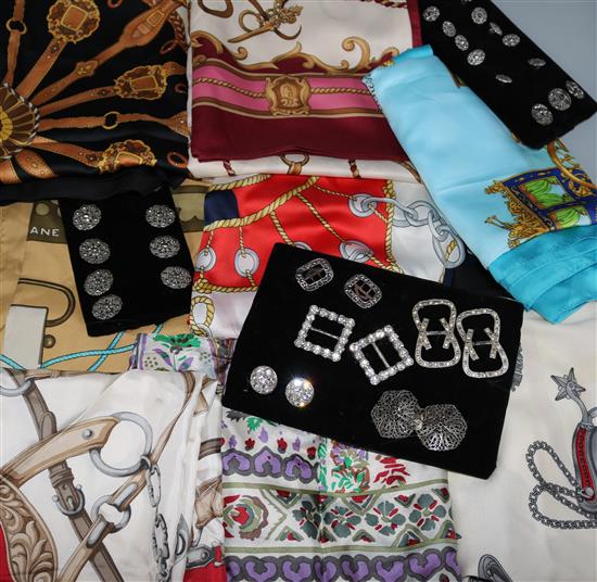 A collection of Hermes style scarves, other silk scarves, linen etc